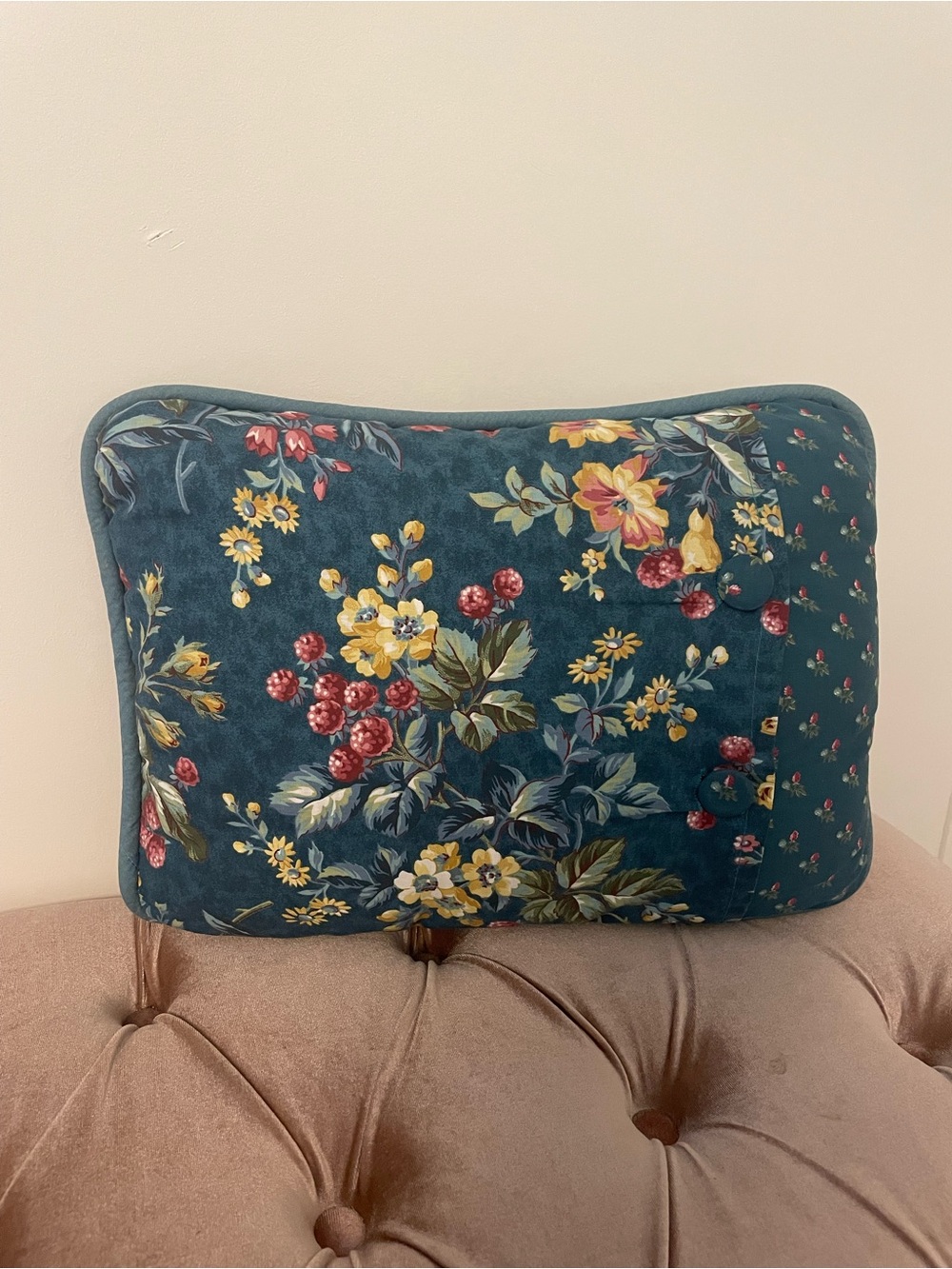 Floral Accent Pillow in Teal with Yellow & Red Bloom Cottagecore